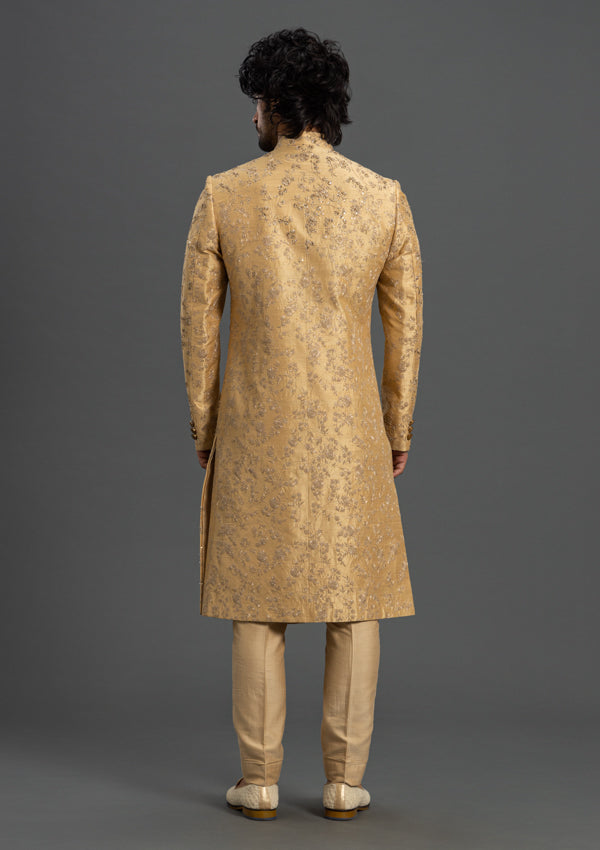 Gold Raw Silk Sherwani With Zardozi and Threadwork